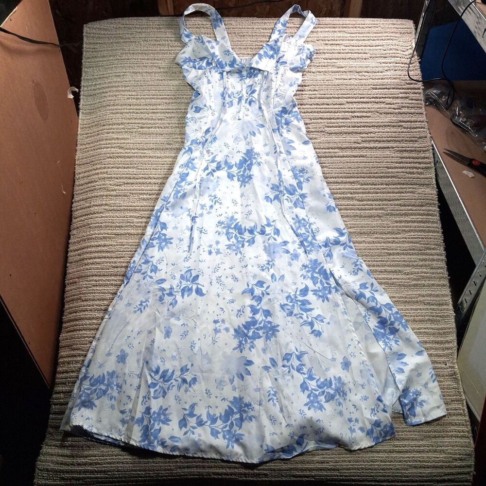 womens white blue floral print corset maxi dress sweetheart neckline straps long